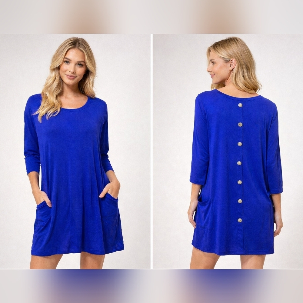 Emerald Royal Blue Button Back Tunic Dress Size L Pockets #1455